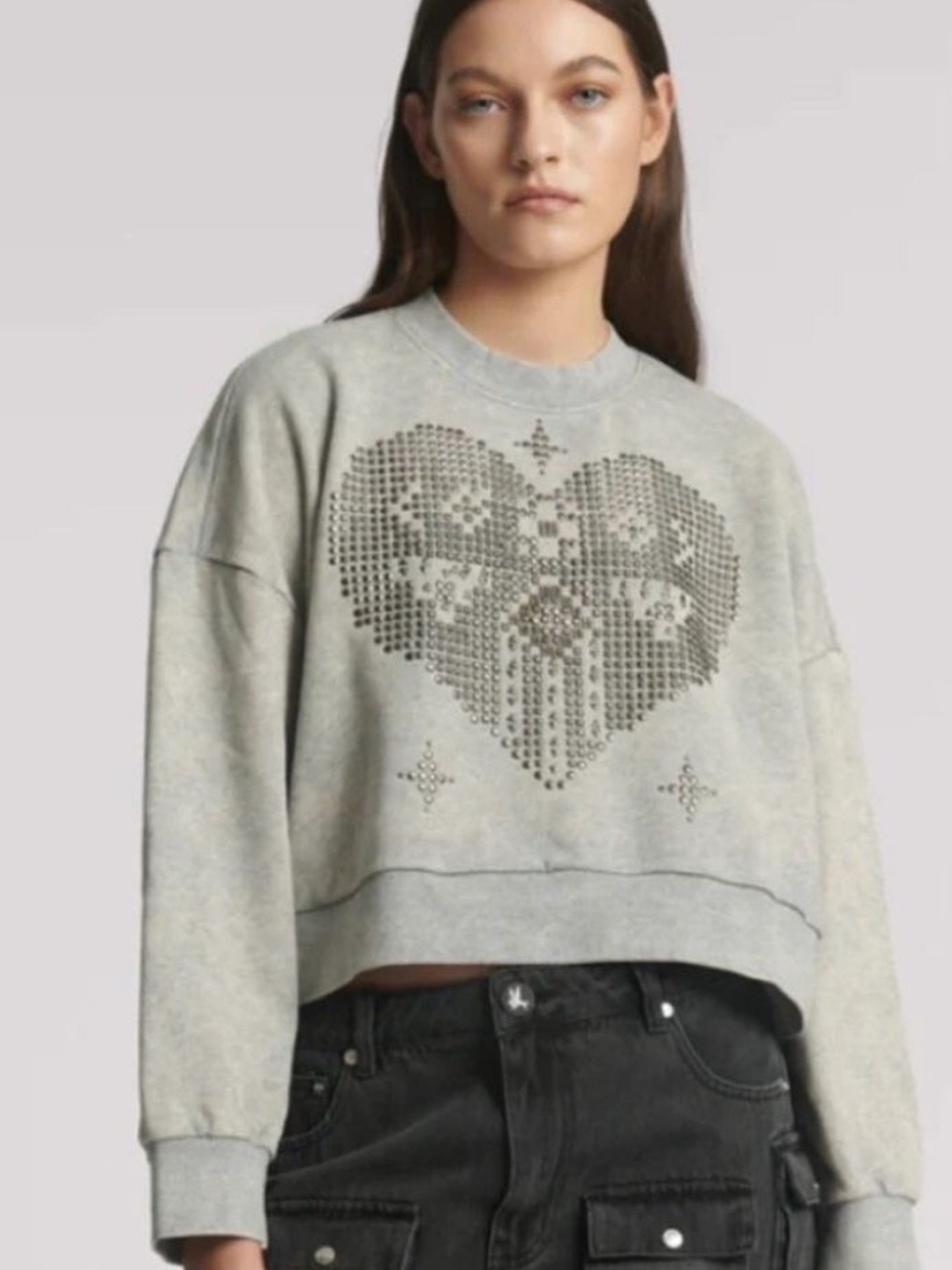 One Teaspoon‎ Studded Heart Cropped Sweatshirt Grey Marl Medium EUC